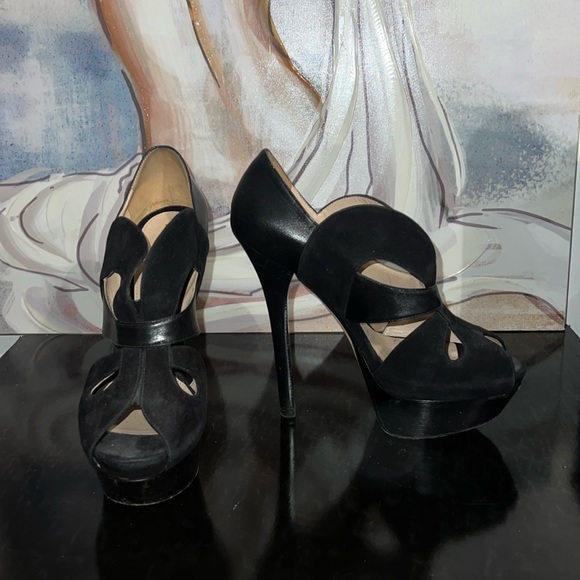 Fendi black suede & leather wood platform heels 38.5 - Picture 3 of 6